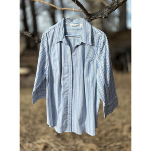 Riders Instantly Slims You Shirt Womens 1X Blue Button Down Stripe 3/4 Sleeves